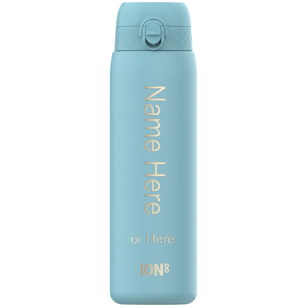 A light-blue water bottle stands against a black background. It has a screw-on lid and the words "Name Here or Here ION8" are vertically printed on its surface.