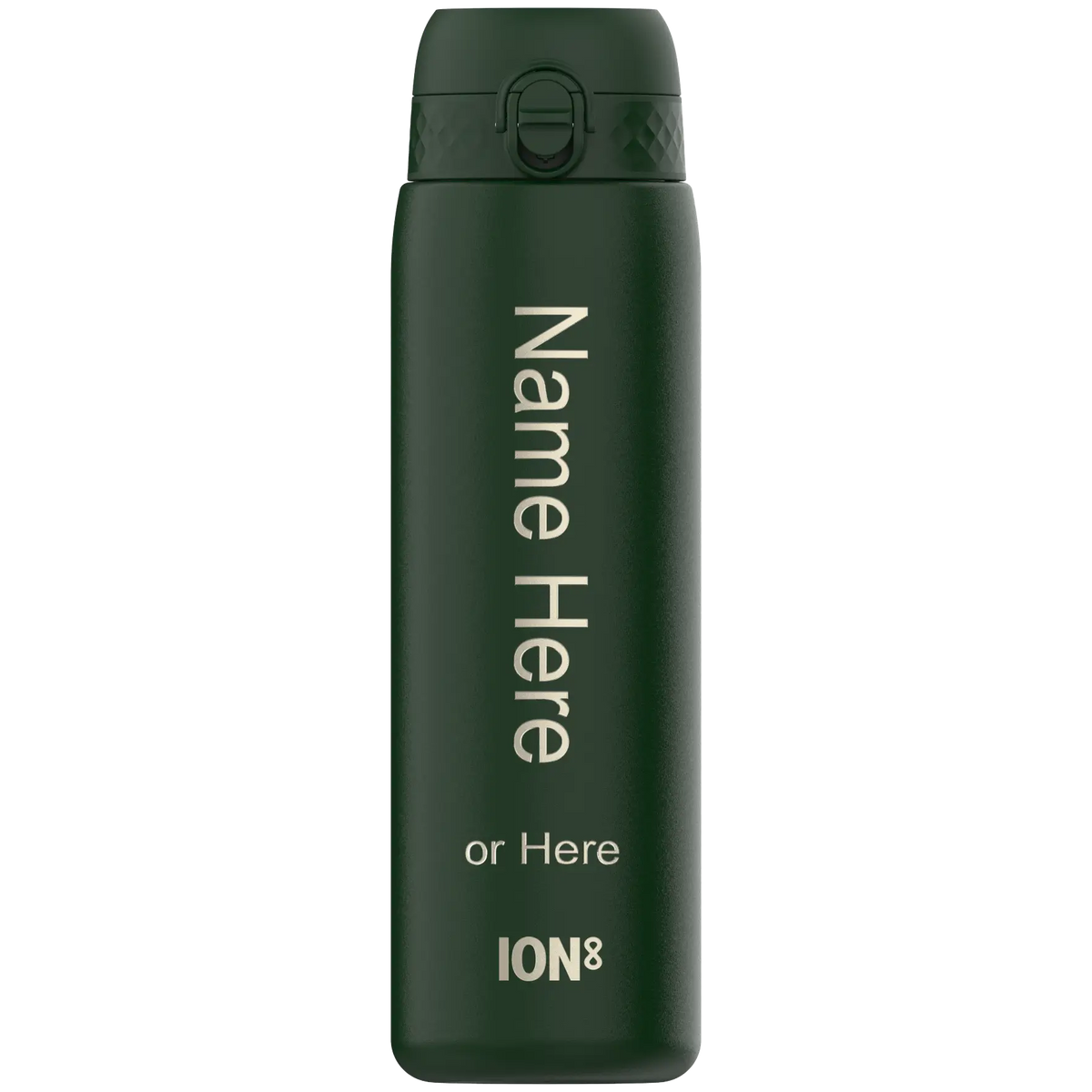 A dark-green ION8 water bottle stands upright; its surface displays "Name Here or Here".