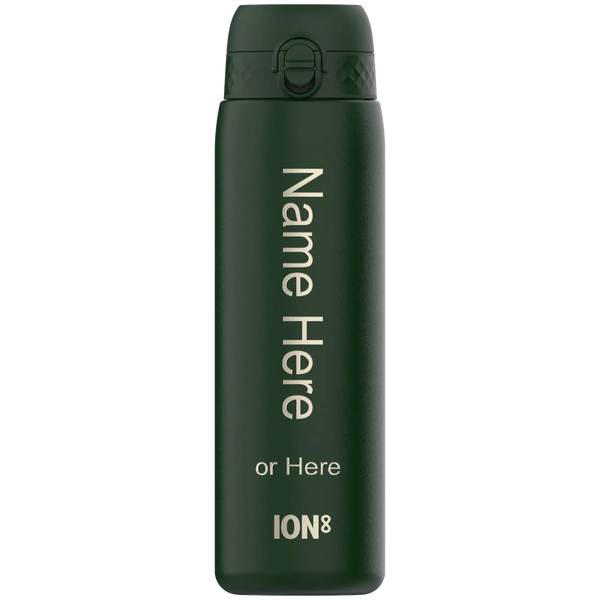 A dark-green ION8 water bottle stands upright; its surface displays "Name Here or Here".