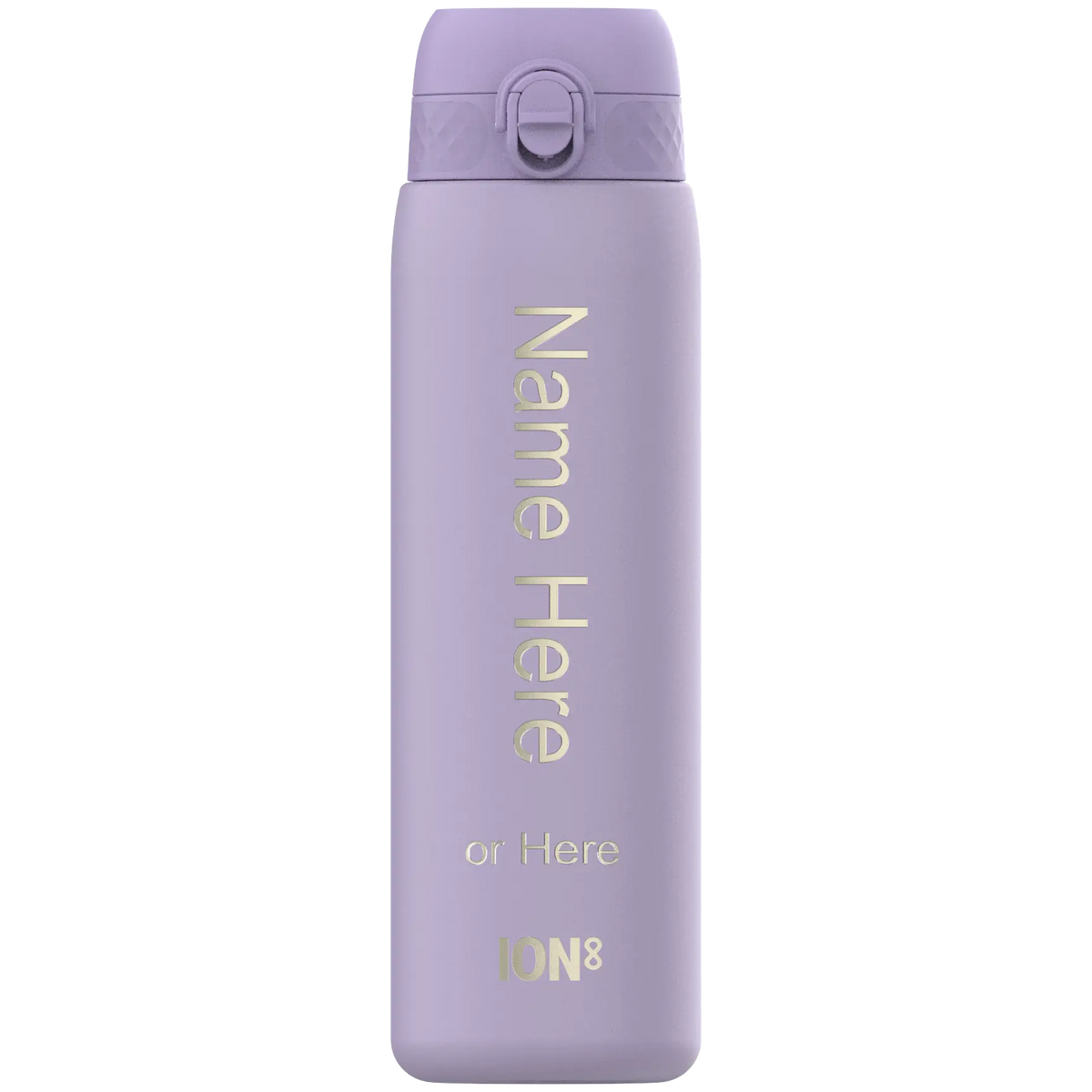 A lavender-colored ION8 water bottle stands upright. The bottle displays "Name Here or Here" and the ION8 logo.