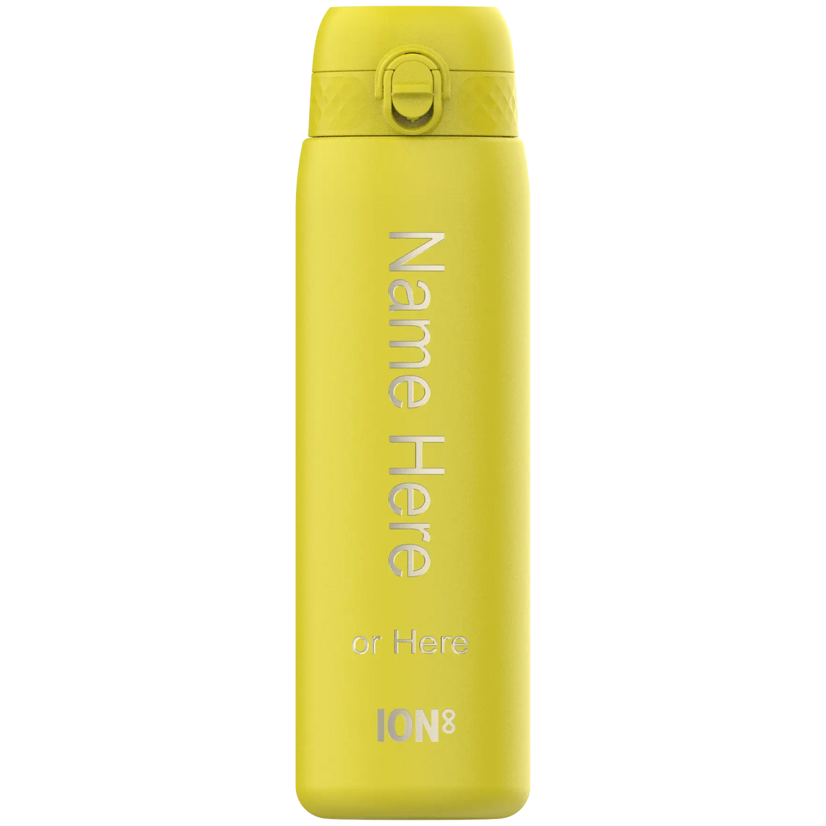 A yellow ION8 water bottle stands against a black background. It displays "Name Here or Here" and the logo "ION8".