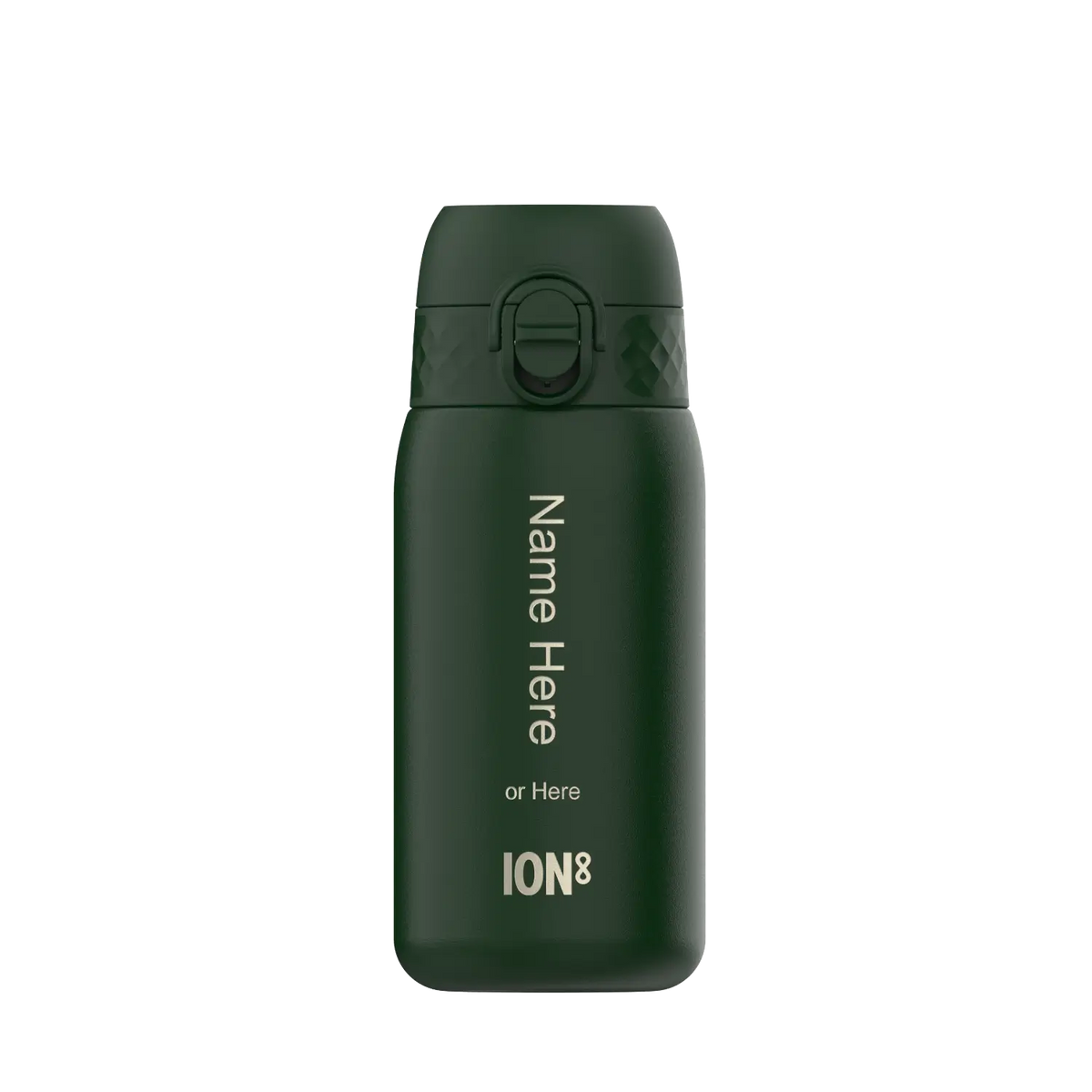 A dark-green ION8 water bottle stands upright against a white background. The bottle displays "Name Here or Here" and "ION8".