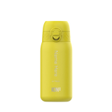 A yellow ION8 water bottle sits on a white background. The bottle features a carrying loop and text that says “Name Here or Here”.
