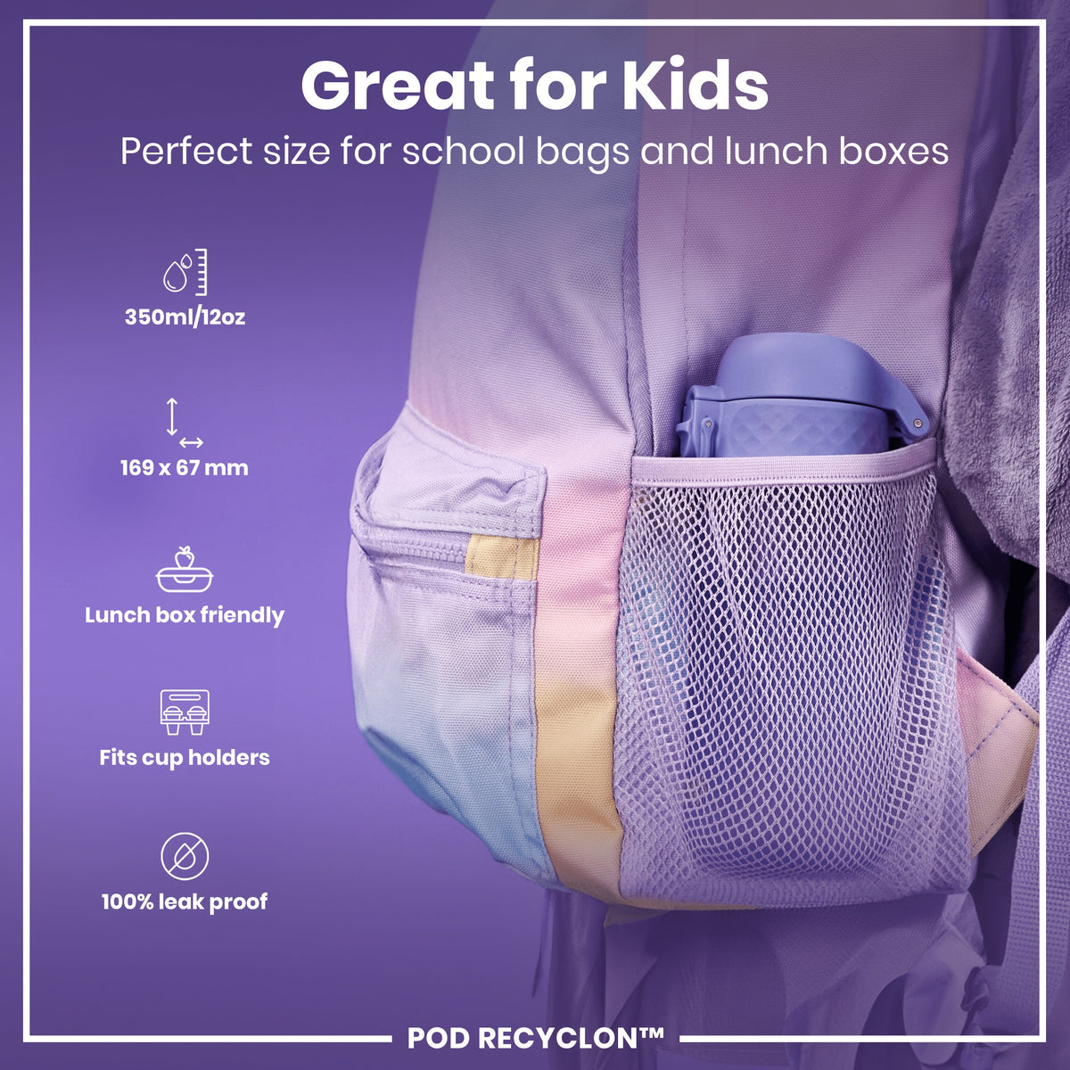 Botella de Agua Antifugas para Niños, Recyclon, Morado Claro, 350ml (12oz)