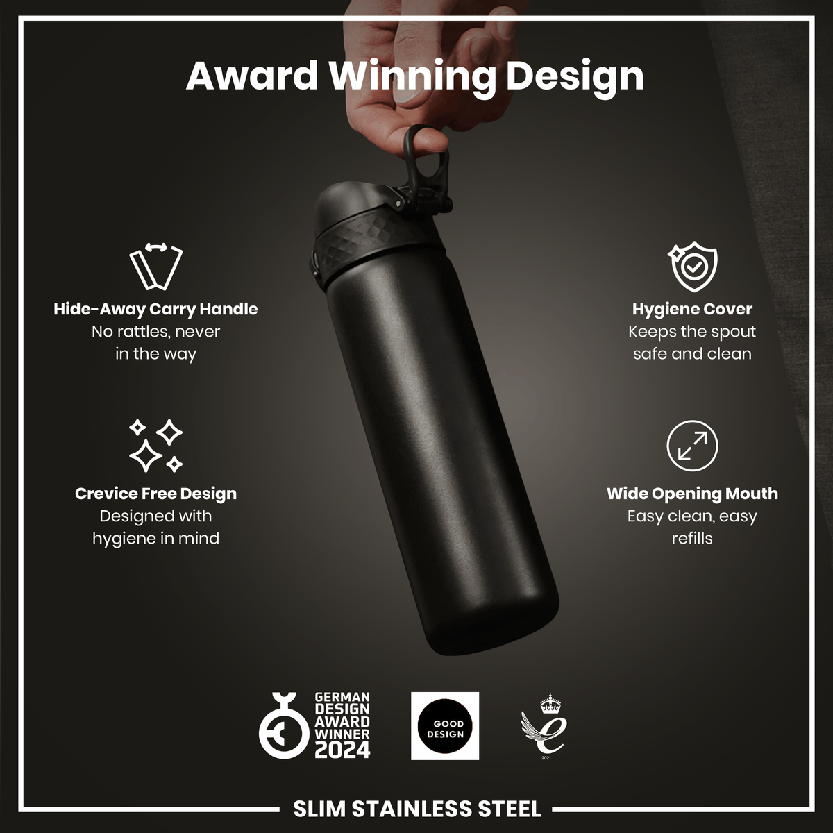 Botella de agua estrecha antifugas, acero inoxidable, negra, 600 ml (20 oz)