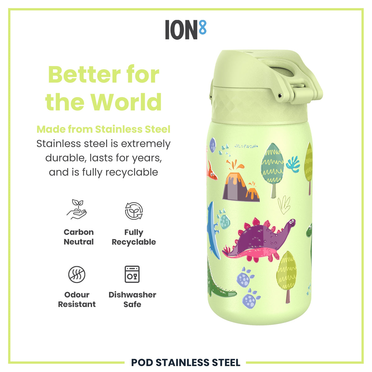 Botella de agua antifugas, acero inoxidable, dinosaurios, 400 ml (13 oz)