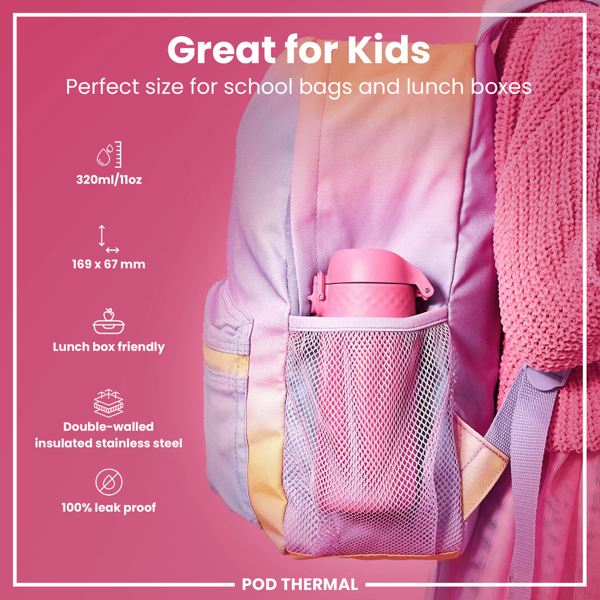 Leak Proof Thermal Steel Water Bottle, Insulated, Rose Bloom, 320ml (11oz)