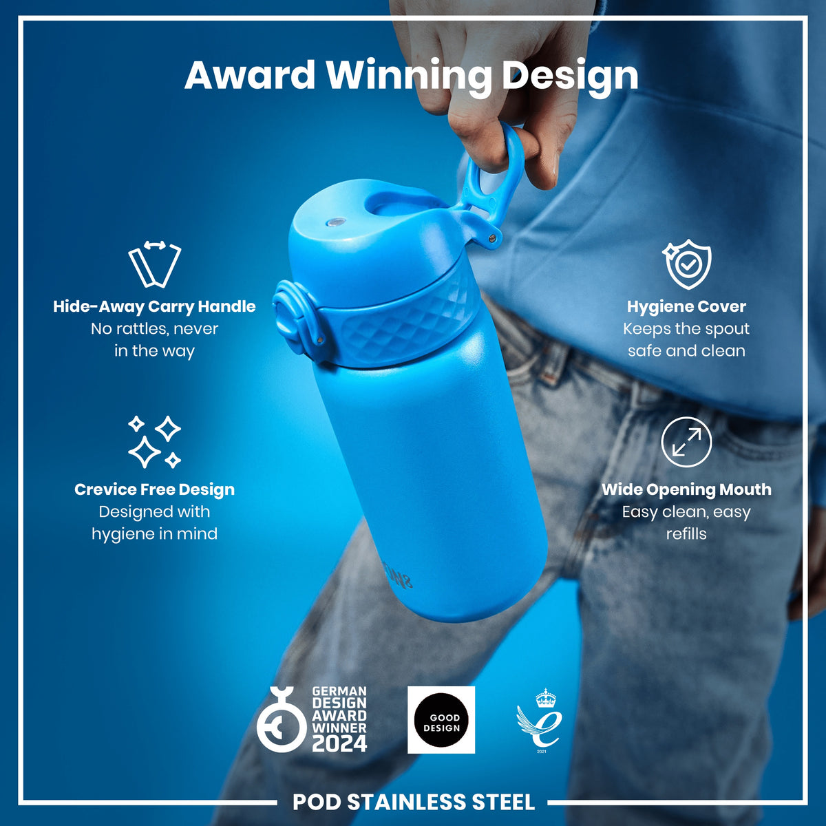 Leak Proof Water Bottle, Stainless Steel, Blue, 400ml (13oz)