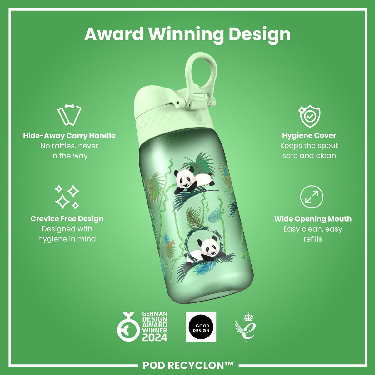 Botella antifugas para niños, Recyclon, Pandas, 350ml (12oz)