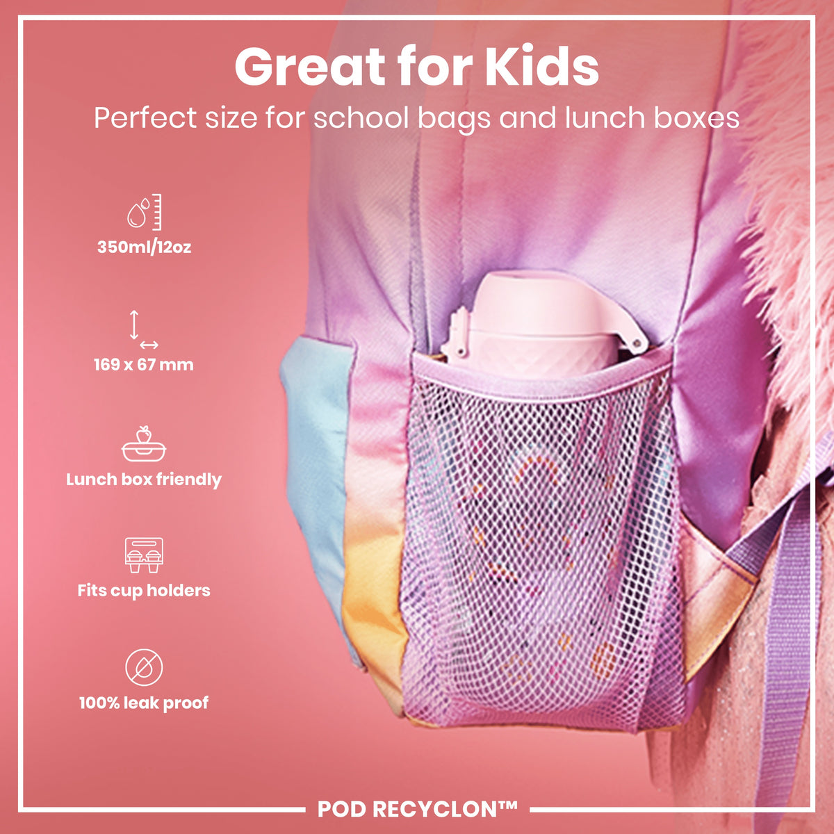 Botella de Agua antifugas para Niños, Recyclon, Unicornios, 350ml (12oz)