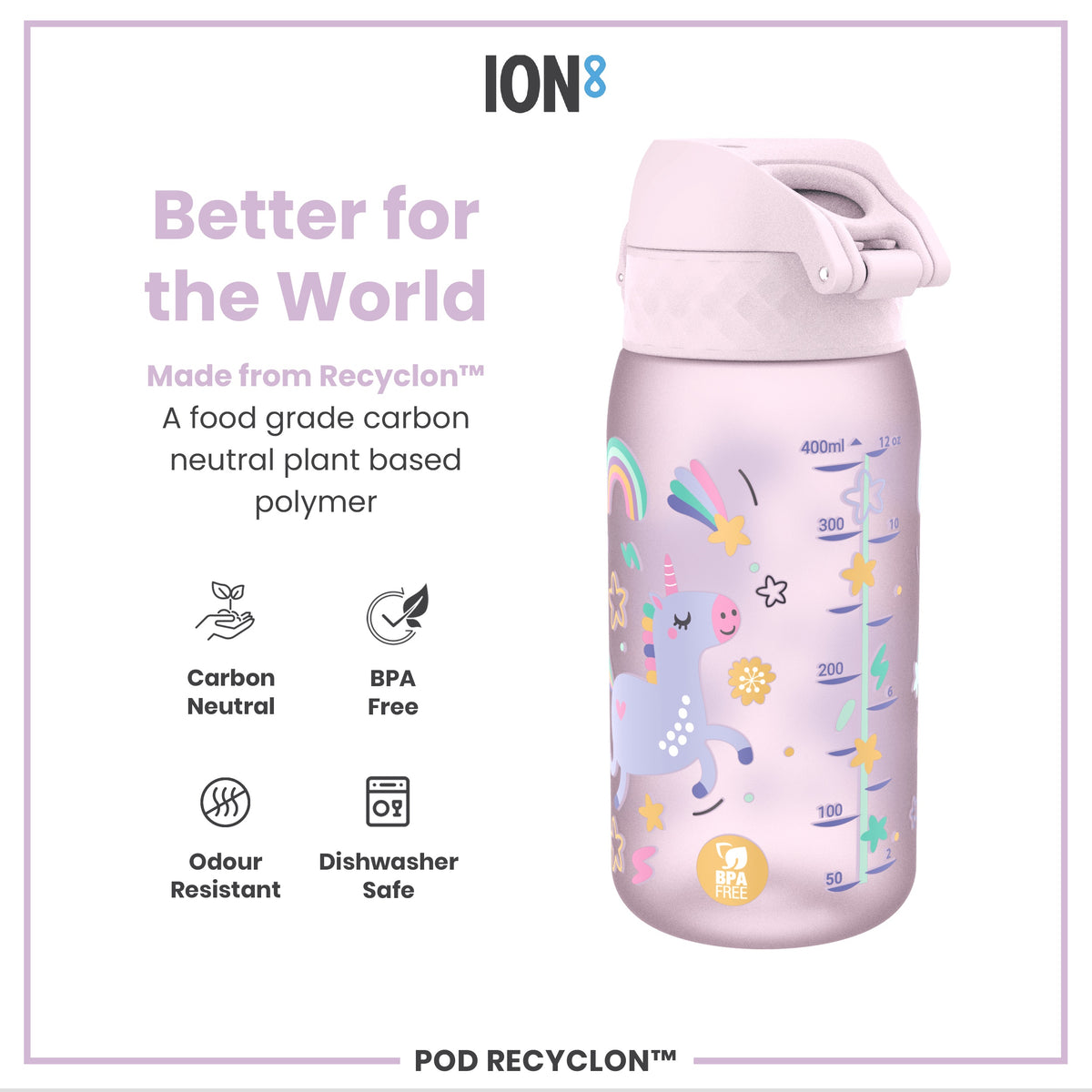Botella de Agua antifugas para Niños, Recyclon, Unicornios, 350ml (12oz)