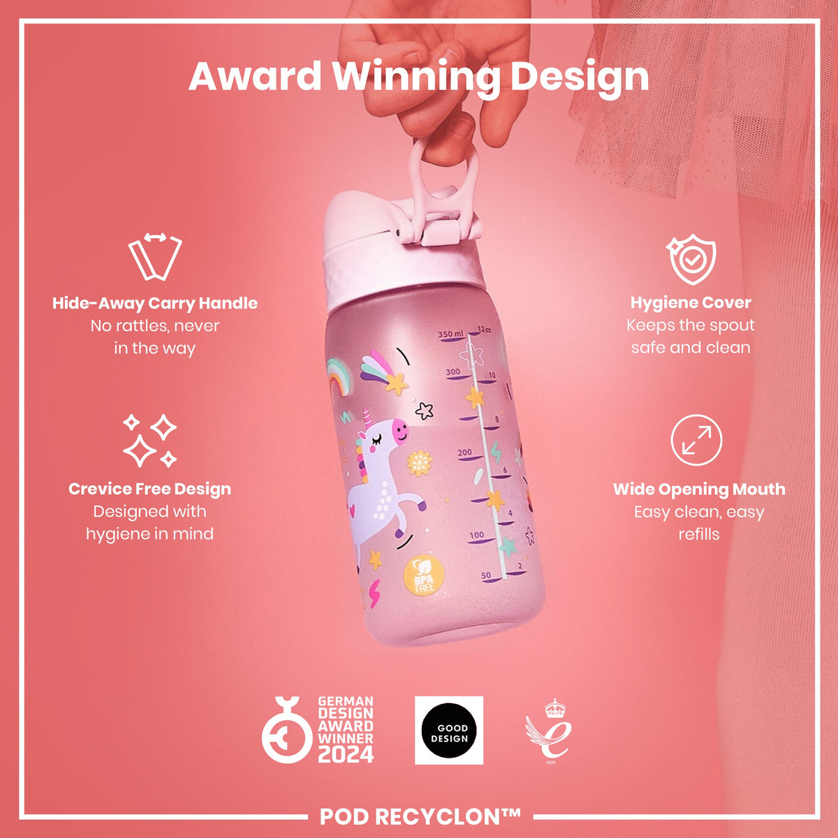 Botella de Agua antifugas para Niños, Recyclon, Unicornios, 350ml (12oz)