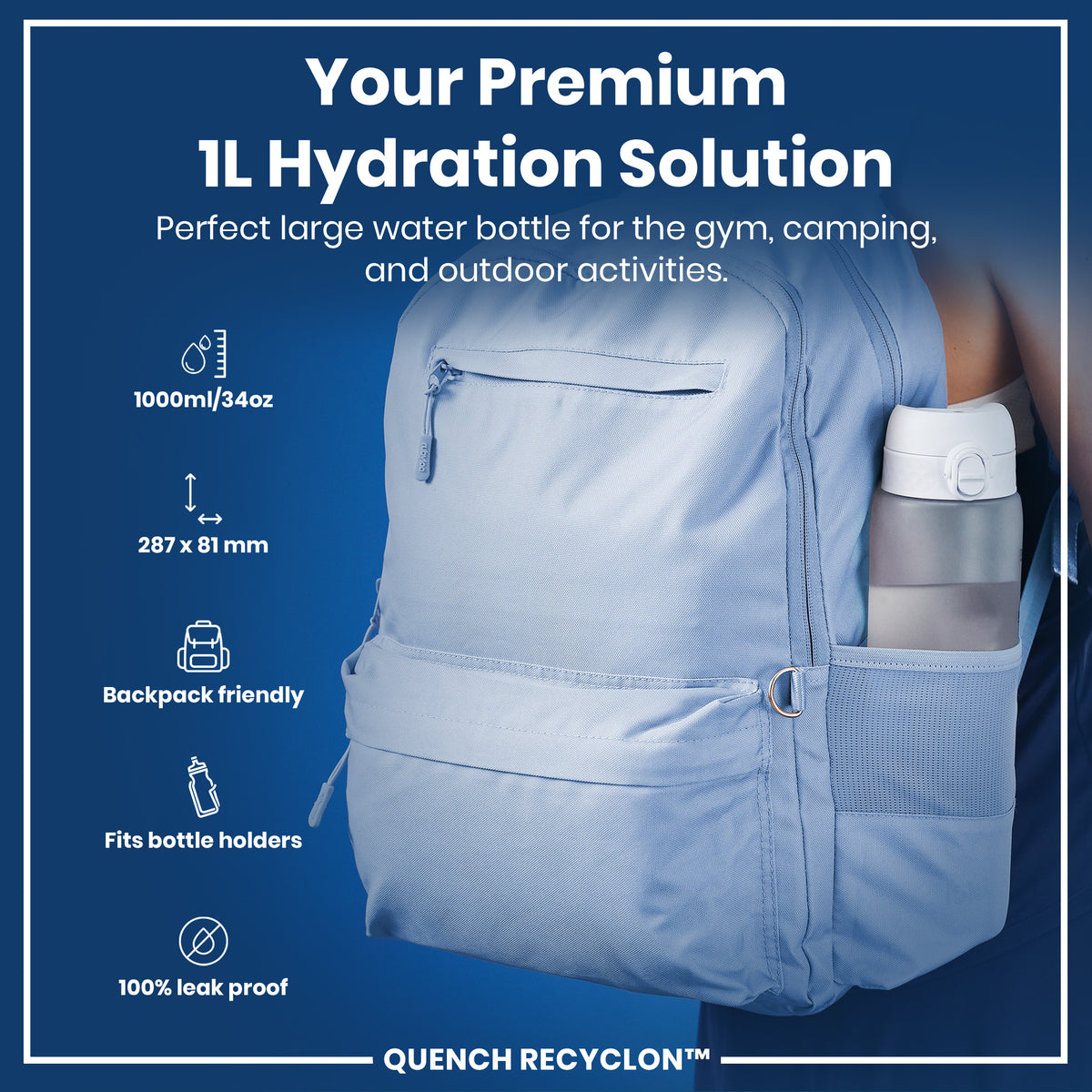 Botella de agua antifugas de 1 litro con horarios para beber, Recyclon, hielo, 1L
