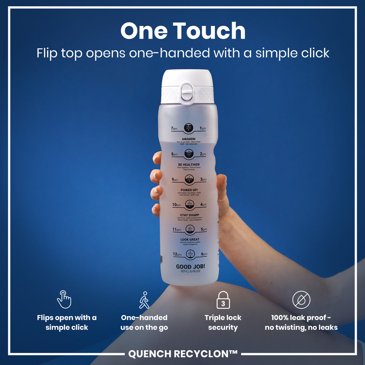 Botella de agua antifugas de 1 litro con horarios para beber, Recyclon, hielo, 1L
