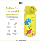 A yellow, dinosaur-decorated water bottle sits on a white background. It is made from a plant-based polymer and is BPA-free, odor-resistant, and dishwasher-safe. The bottle displays volume markings.
