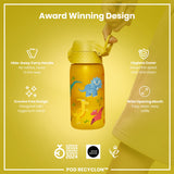 A yellow dinosaur-themed water bottle is being held. Features include a hide-away handle, hygiene cover, and wide mouth. It’s an award-winning design.