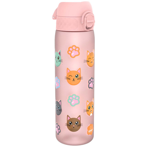 A pink water bottle, adorned with cartoon cats and paw prints, sits against a white background. The bottle has a pink lid with a flip-top. The word "ION8" is visible on the bottle.