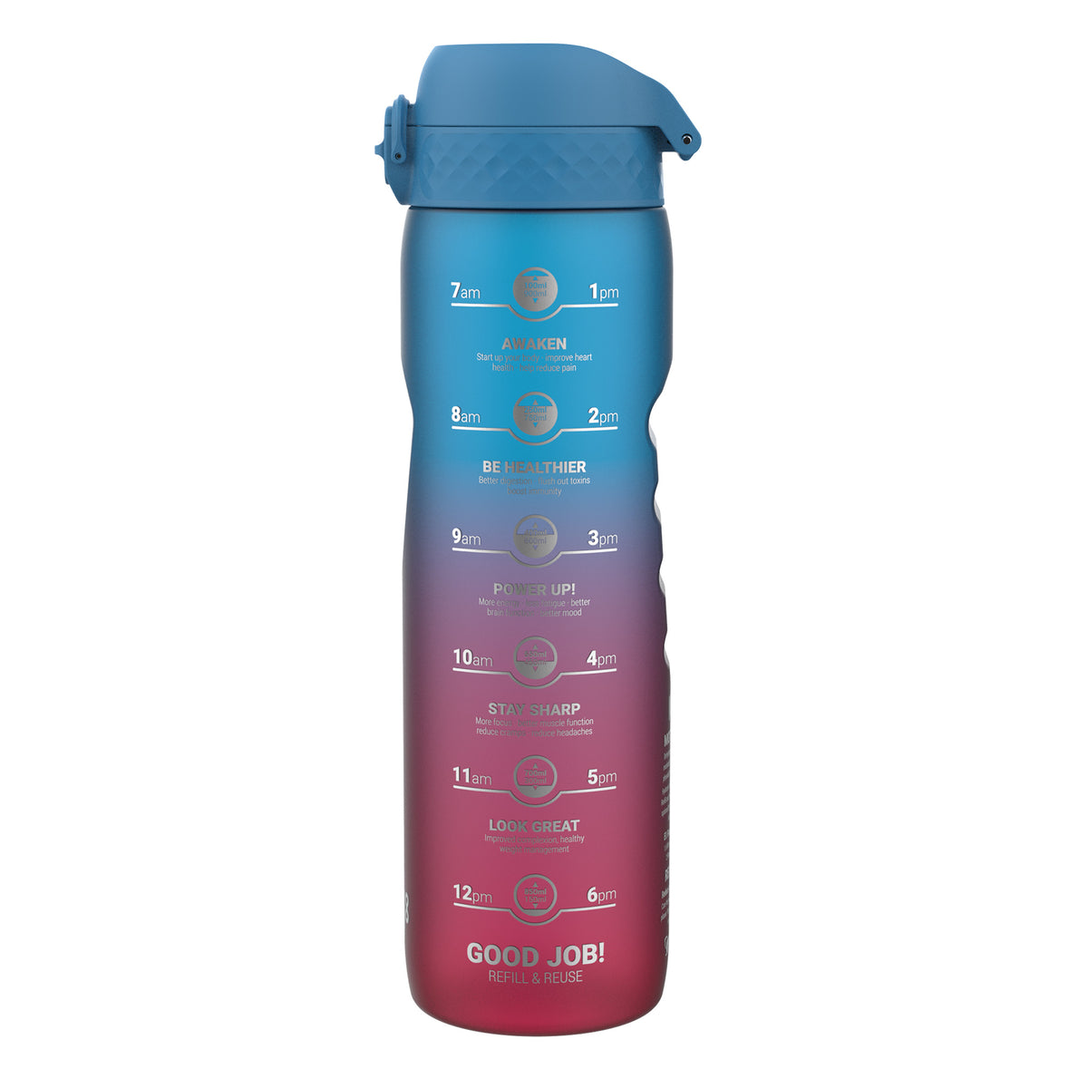 Botella de Agua Antifugas de 1 Litro con Marcadores de Tiempo, Recyclon, Azul y Rosa, 1L