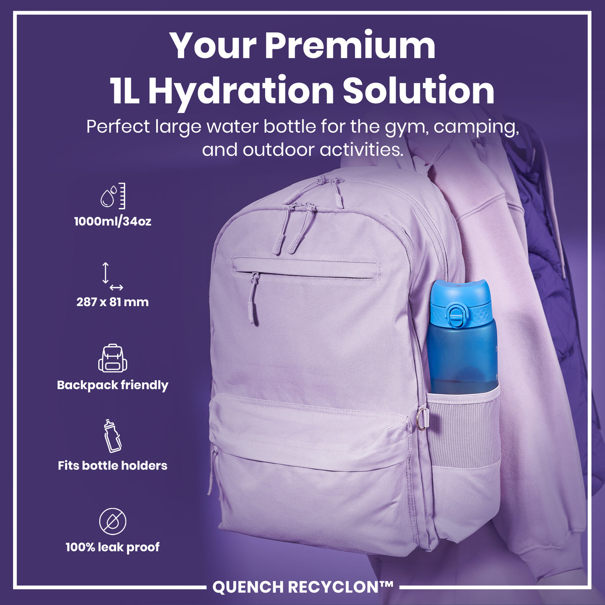Botella de Agua Antifugas de 1 Litro con Marcadores de Tiempo, Recyclon, Azul y Rosa, 1L