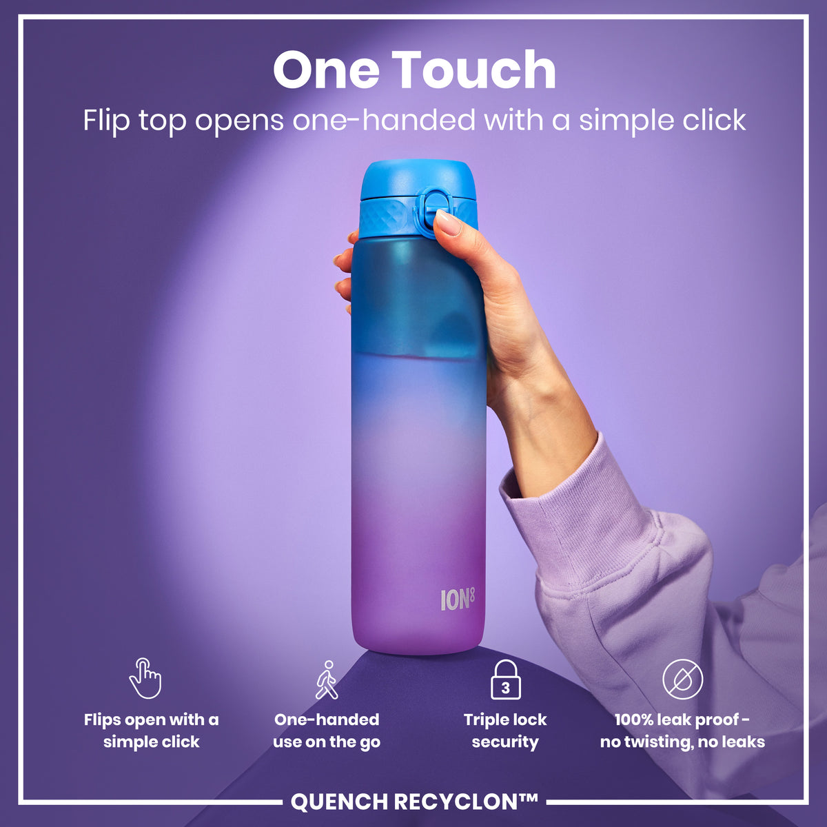 Botella de Agua Antifugas de 1 Litro con Marcadores de Tiempo, Recyclon, Azul y Rosa, 1L