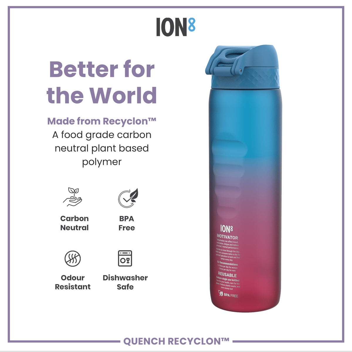 Botella de Agua Antifugas de 1 Litro con Marcadores de Tiempo, Recyclon, Azul y Rosa, 1L