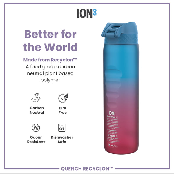 Botella de Agua Antifugas de 1 Litro con Marcadores de Tiempo, Recyclon, Azul y Rosa, 1L