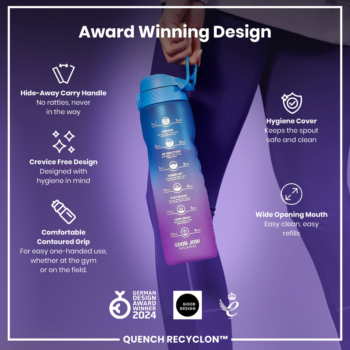 Botella de Agua Antifugas de 1 Litro con Marcadores de Tiempo, Recyclon, Azul y Rosa, 1L