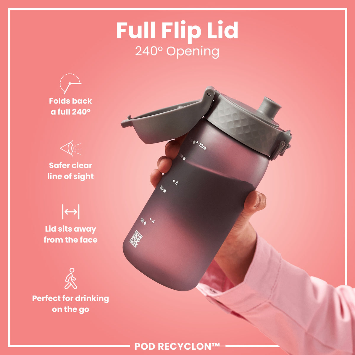 Botella de agua antifugas para niños, Recyclon, Gris, 350ml (12oz)
