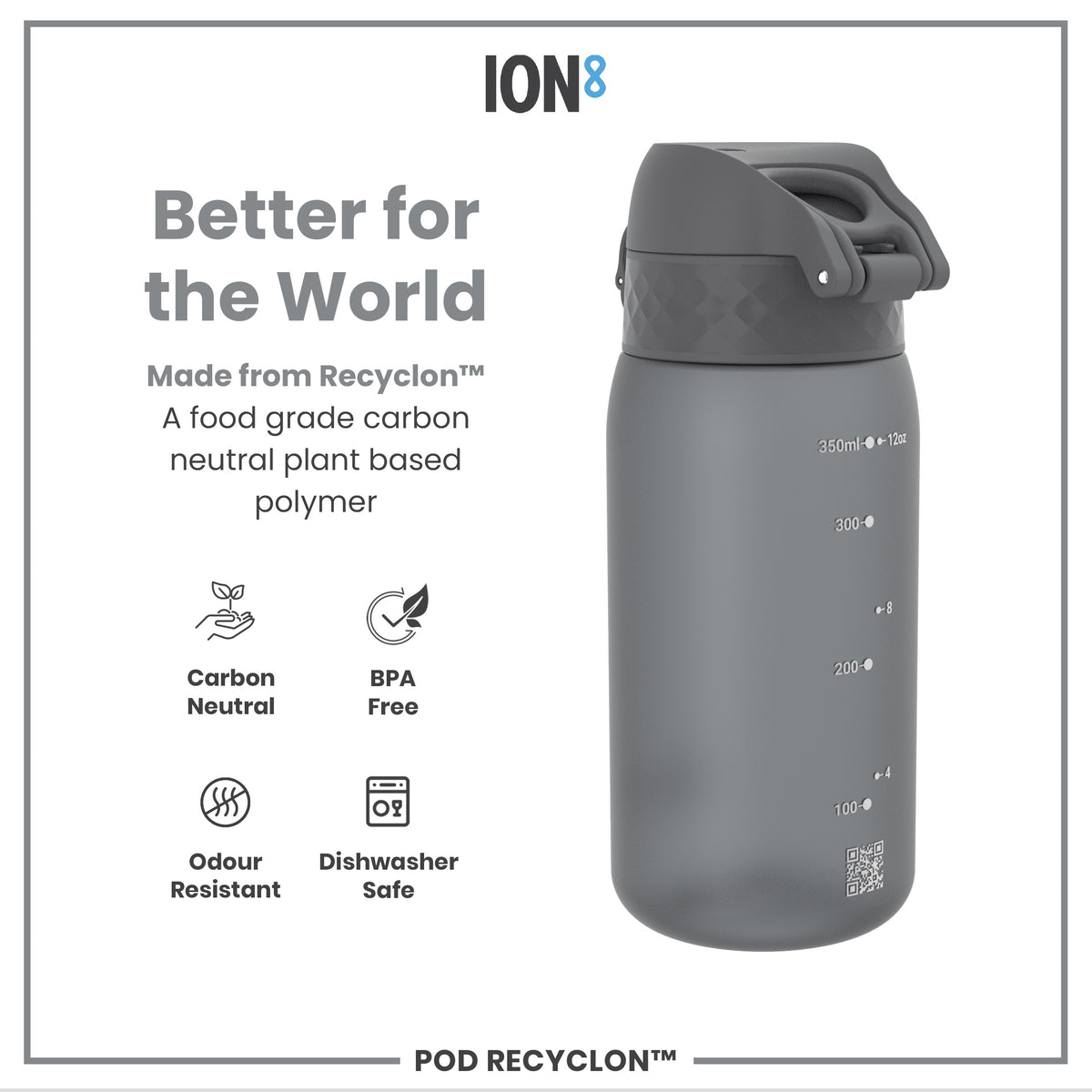 Botella de agua antifugas para niños, Recyclon, Gris, 350ml (12oz)