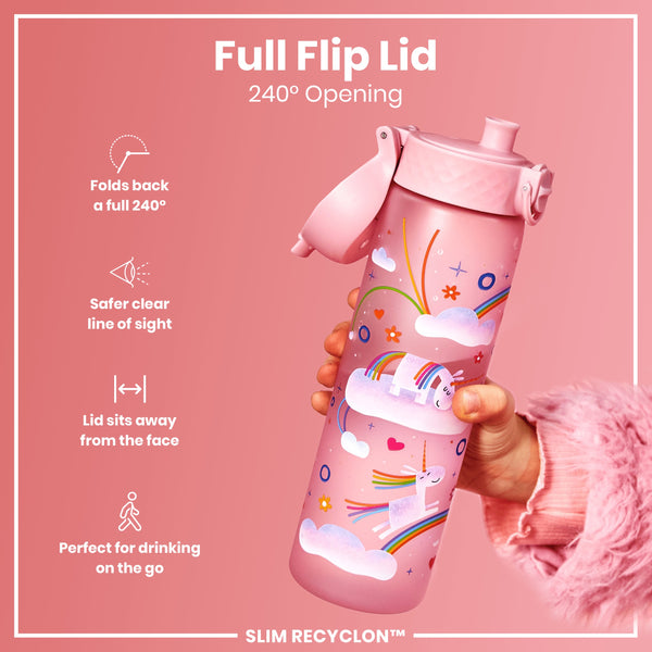 Leak Proof Slim Water Bottle, Recyclon, Unicorn Rainbows, 500ml (18oz)
