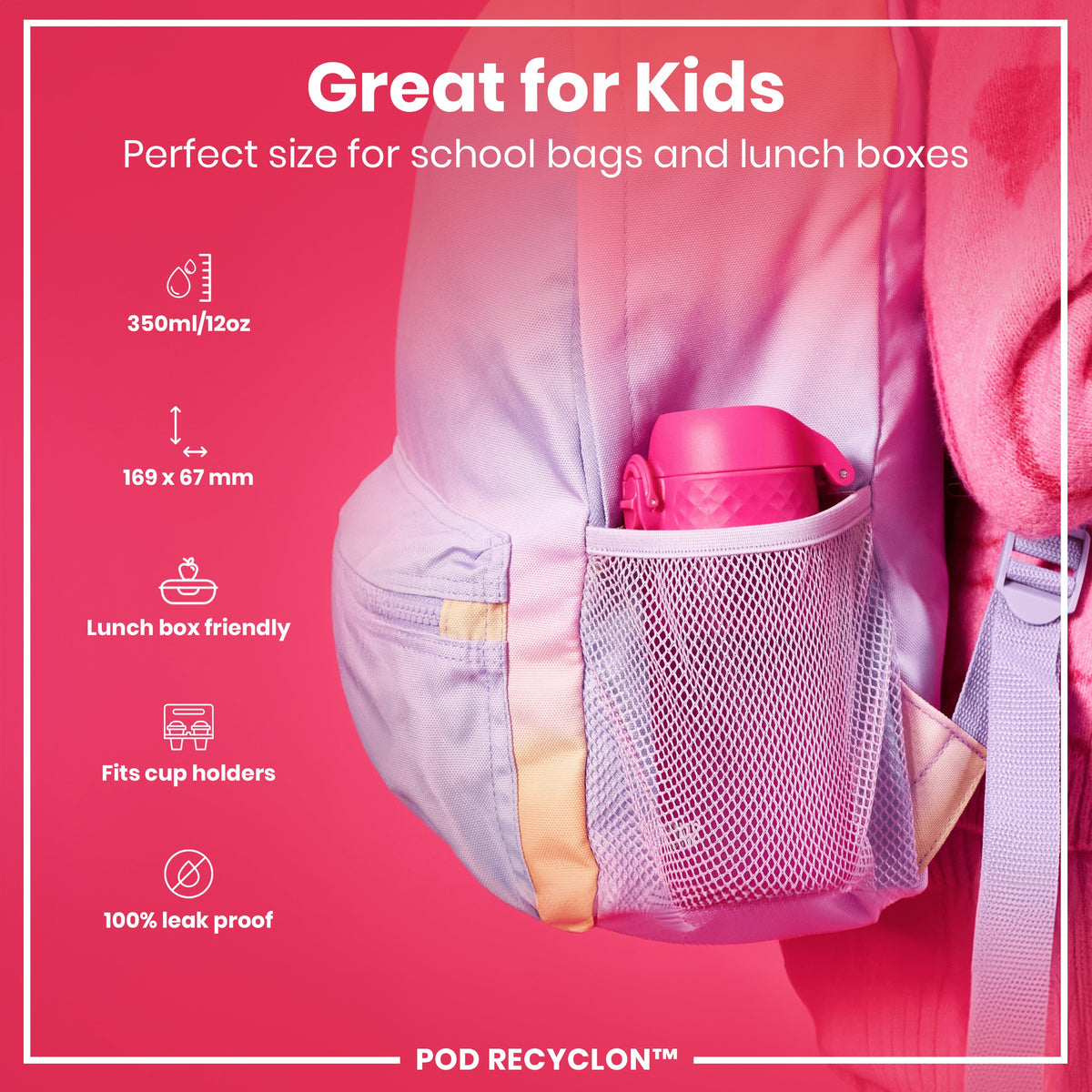Botella antifugas para niños, Recyclon, Rosa, 350ml (12oz)