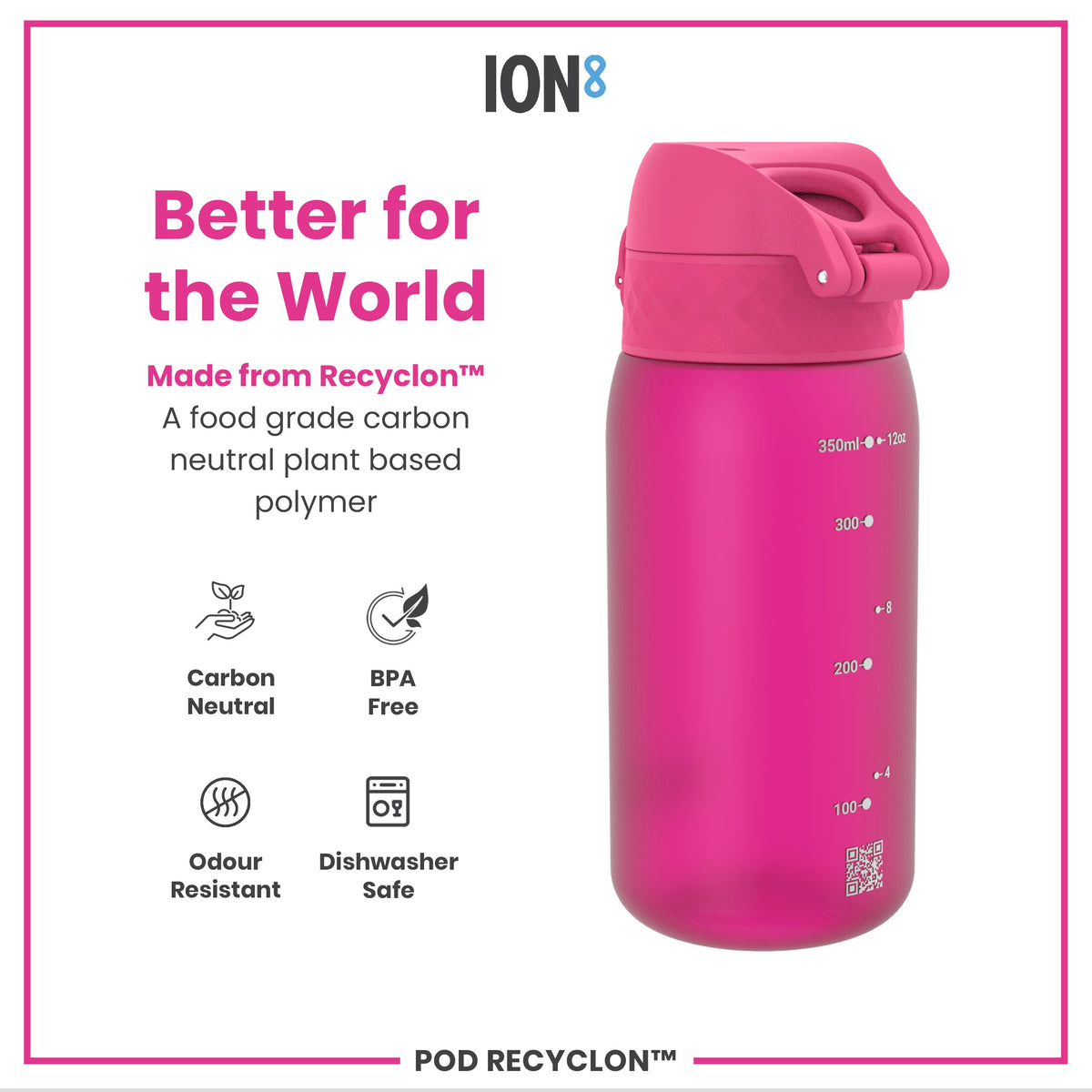 Botella antifugas para niños, Recyclon, Rosa, 350ml (12oz)