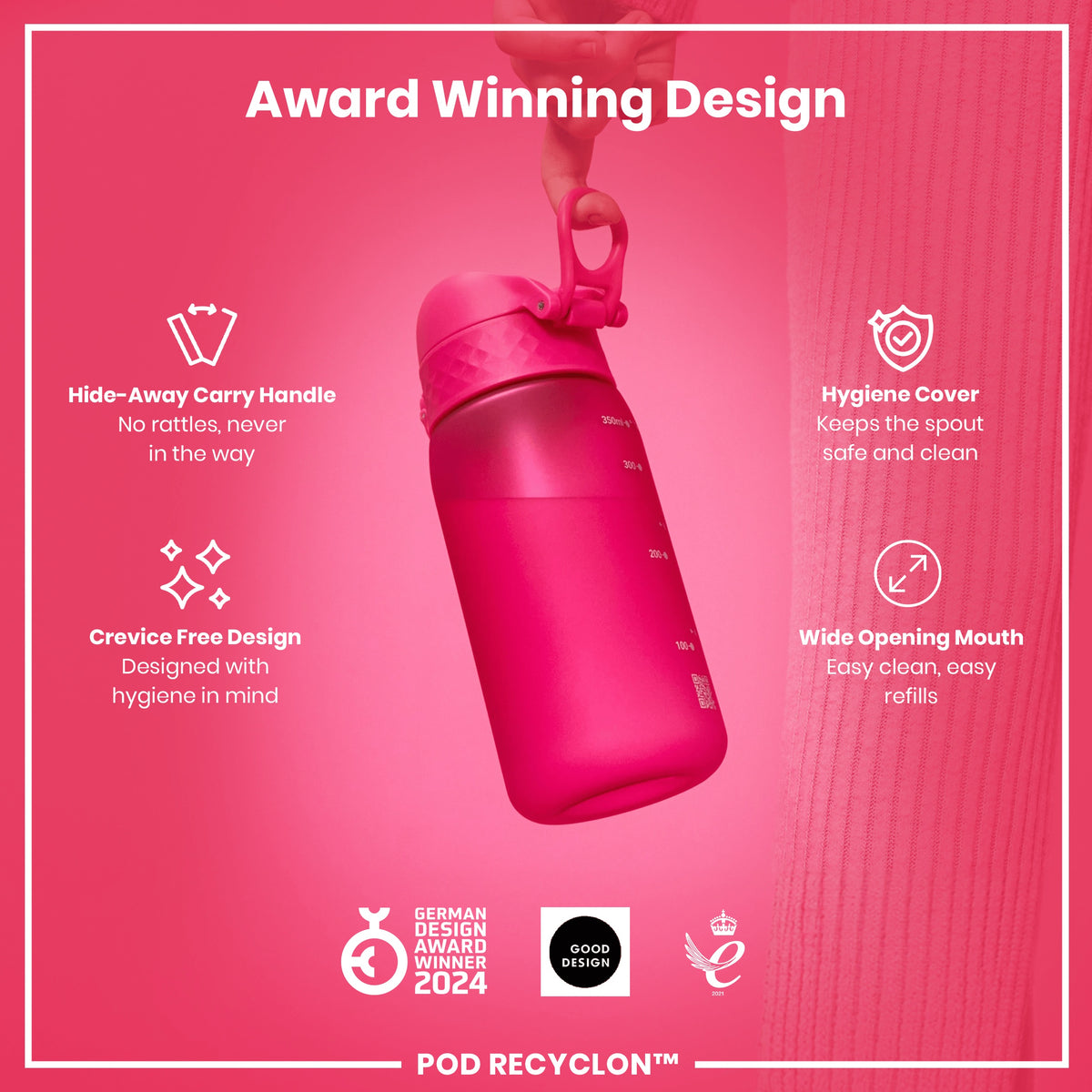 Botella antifugas para niños, Recyclon, Rosa, 350ml (12oz)