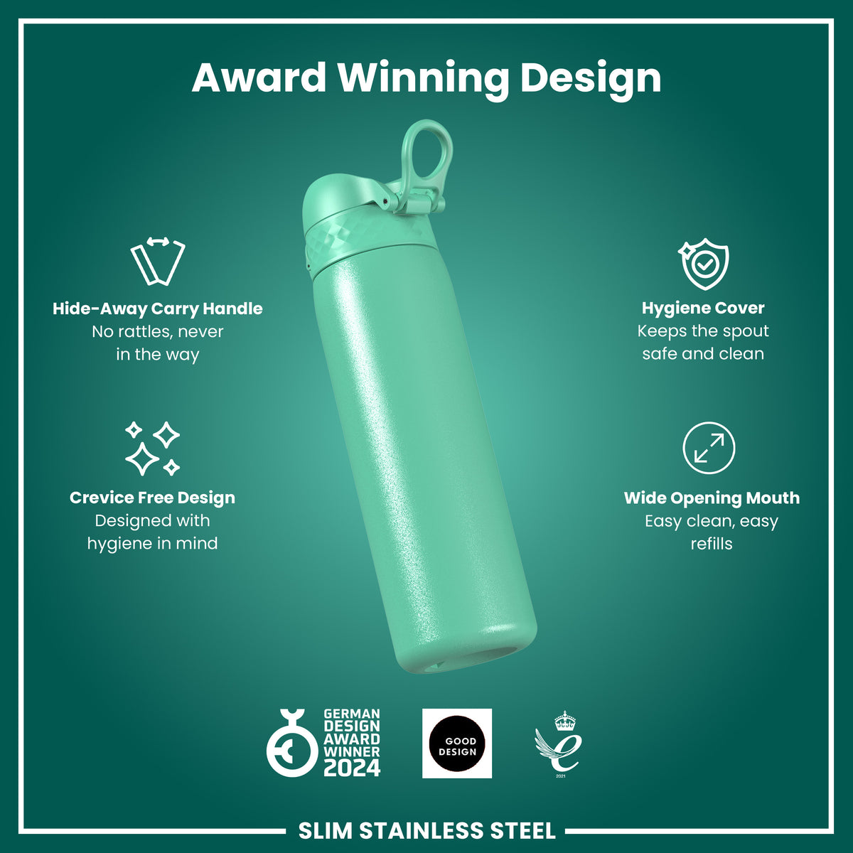 Leak Proof Slim Water Bottle, Stainless Steel, Teal, 600ml (20oz)