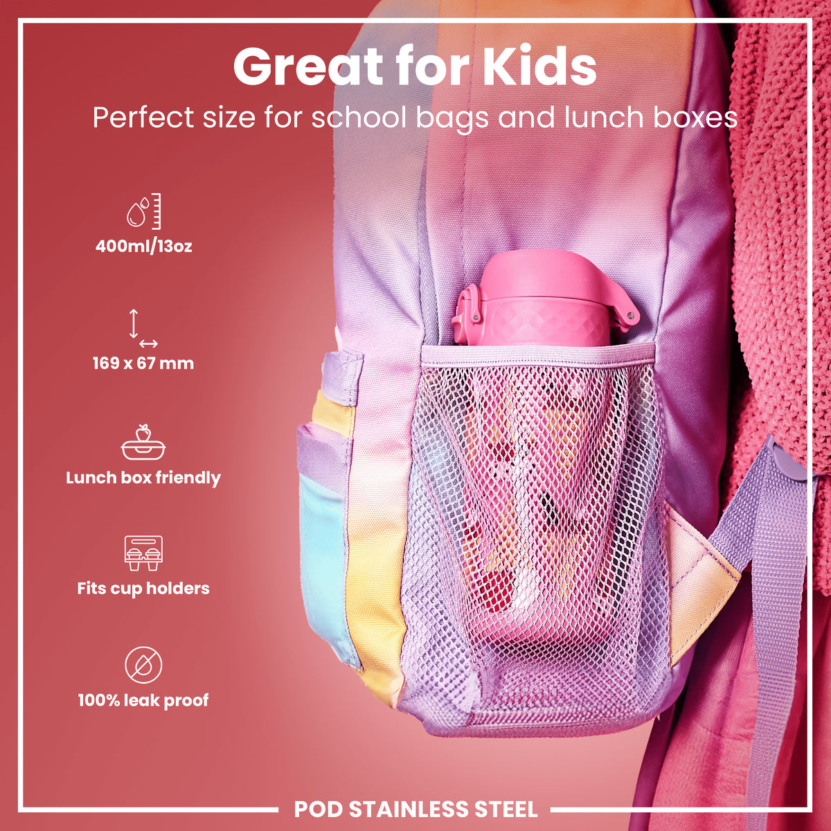 Botella de agua infantil antifugas, acero inoxidable, diseño de helados, 400 ml