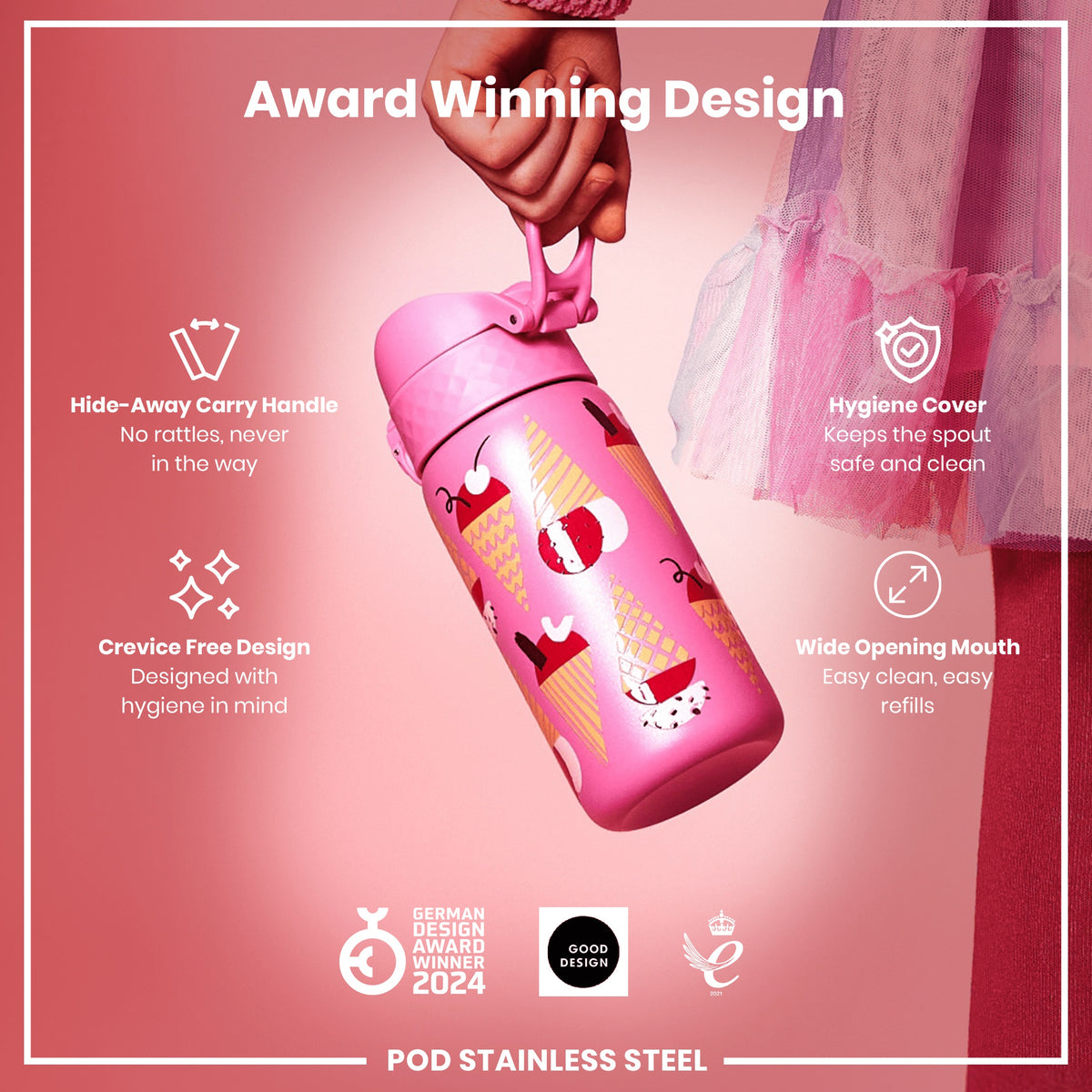 Botella de agua infantil antifugas, acero inoxidable, diseño de helados, 400 ml