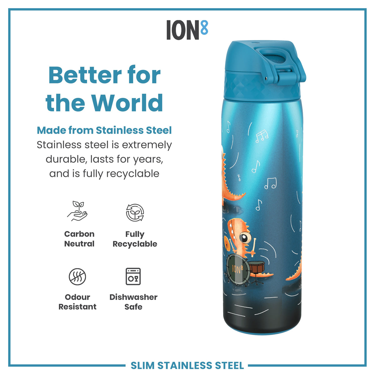 Botella de agua estrecha, antifugas, de acero inoxidable, con banda de dinosaurios, 600 ml (20 oz)