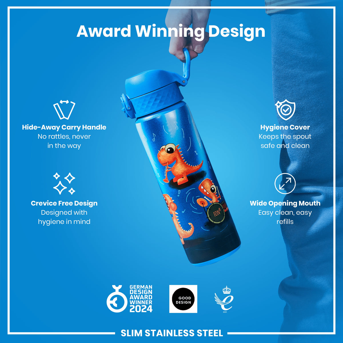 Botella de agua estrecha, antifugas, de acero inoxidable, con banda de dinosaurios, 600 ml (20 oz)