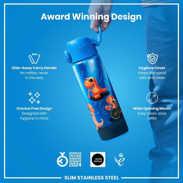 Botella de agua estrecha, antifugas, de acero inoxidable, con banda de dinosaurios, 600 ml (20 oz)