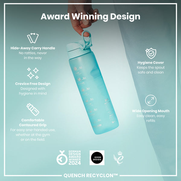 Leak Proof 1 Litre Water Bottle with Times to Drink, Recyclon, Sonic Blue, 1L