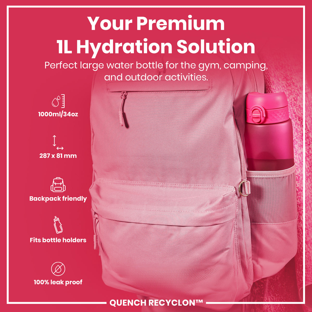 Leak Proof 1 litre Water Bottle, Recyclon, Pink, 1L