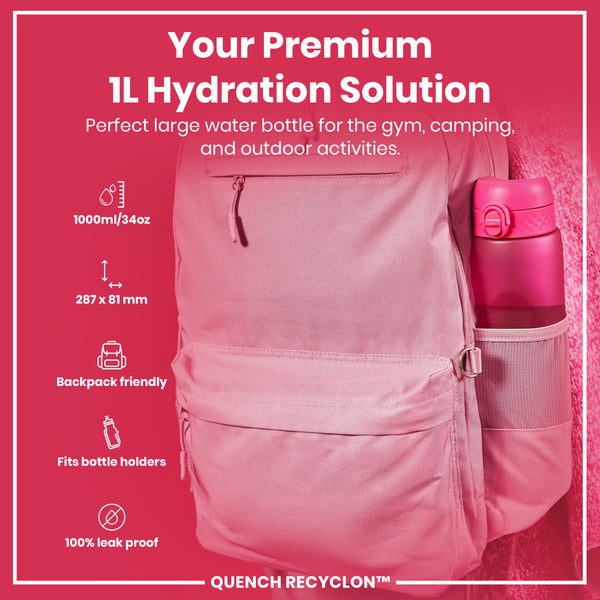 Leak Proof 1 litre Water Bottle, Recyclon, Pink, 1L