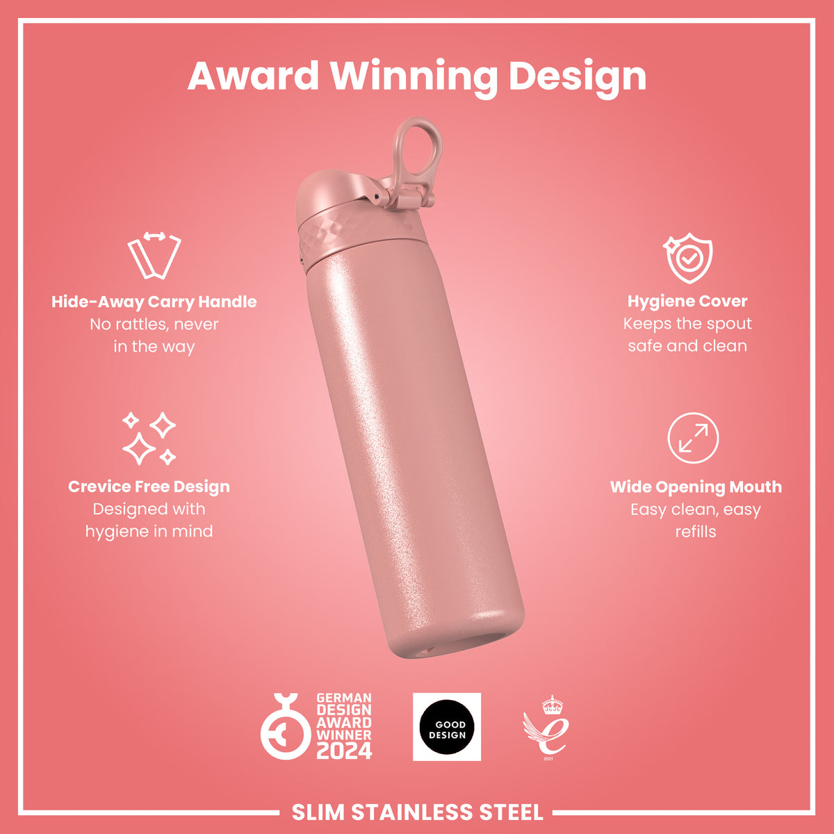 Leak Proof Slim Water Bottle, Stainless Steel, Ash Rose, 600ml (20oz)