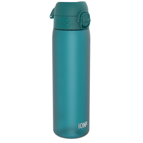 A teal water bottle stands upright against a white background. The bottle has a hinged, textured lid with a push-button closure. The brand "ION8" is visible near the base.