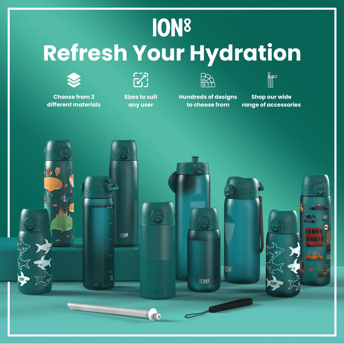 A teal water bottle stands upright against a white background. The bottle has a hinged, textured lid with a push-button closure. The brand "ION8" is visible near the base.
