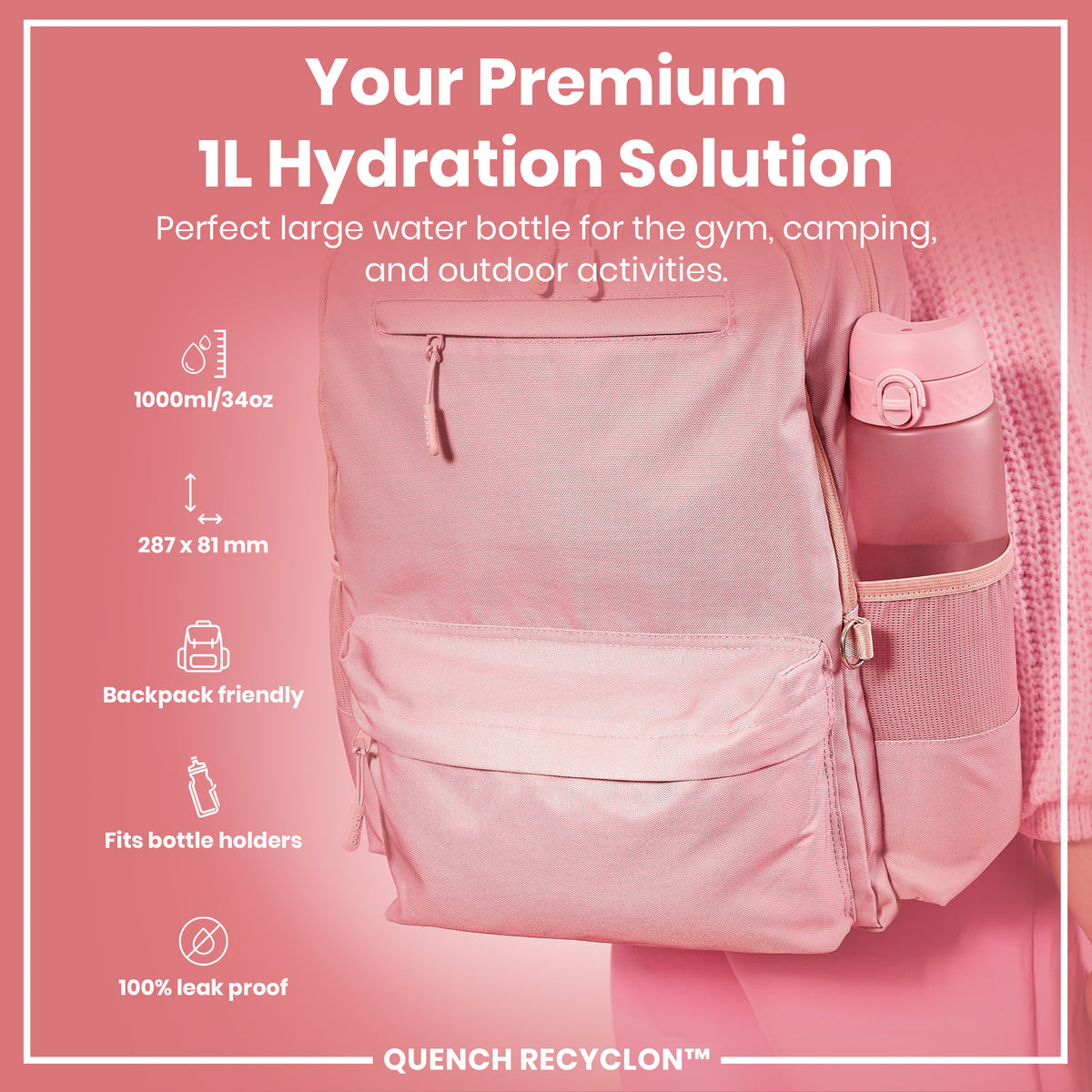 Botella de agua antifugas de 1 litro, Recyclon, cuarzo rosa, 1L