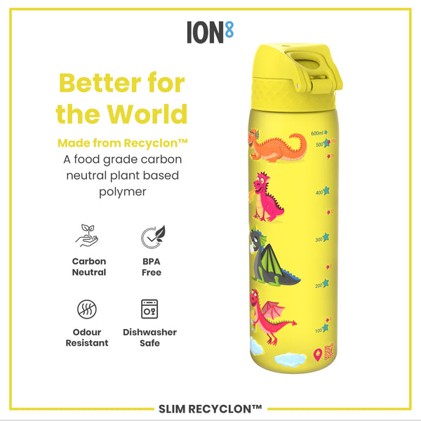 A yellow water bottle, featuring cartoon dragons, sits against a white background. The bottle is made from a plant-based polymer, is BPA-free, odour-resistant and dishwasher-safe. It's advertised as "Better for the World."