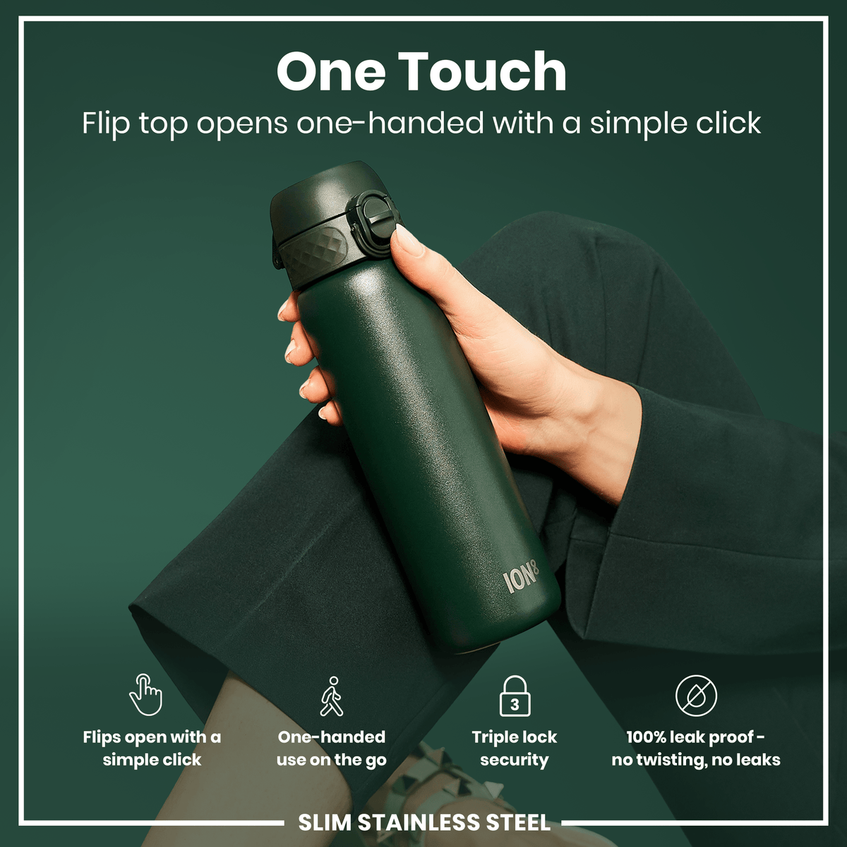 Leak Proof Slim Water Bottle, Stainless Steel, Dark Green, 600ml (20oz)