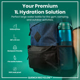 A teal water bottle stands upright against a white background. The bottle has measurement markings and the logo 