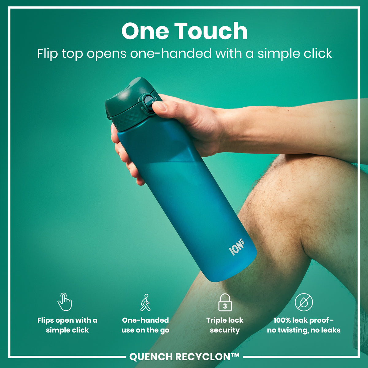 A teal water bottle stands upright against a white background. The bottle has measurement markings and the logo "ION8".